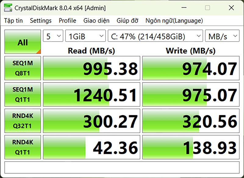 Sử dụng phần mềm Crystal Diskmark để đo tốc độ đọc/ghi của ổ cứng SSD bên trong MSI Gaming Alpha 15 B5EEK. Sử dụng phần mềm Crystal Diskmark để đo tốc độ đọc/ghi của ổ cứng SSD bên trong MSI Gaming Alpha 15 B5EEK.