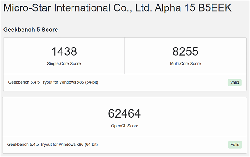 Điểm GeekBench 5 của MSI Gaming Alpha 15 B5EEK. Điểm GeekBench 5 của MSI Gaming Alpha 15 B5EEK.