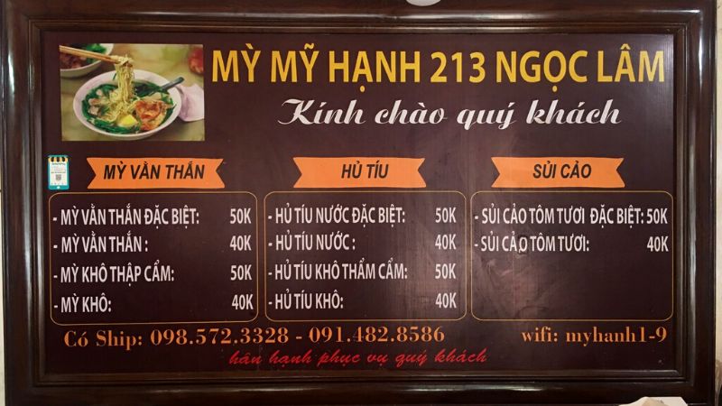 Menu quán mỳ Mỹ Hạnh