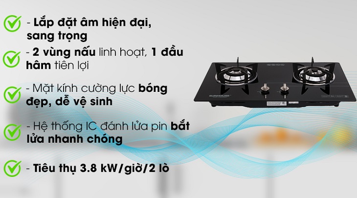 Công suất của bếp ga Sunhouse khá mạnh mẽ, hoạt động của bếp tối ưu từ 0.21kW/h/lò - 4kW/h/lò