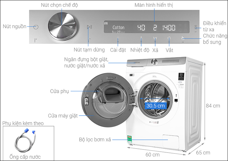 Các nút chức năng trên Máy giặt Samsung Inverter 9 Kg WW90TP54DSH/SV