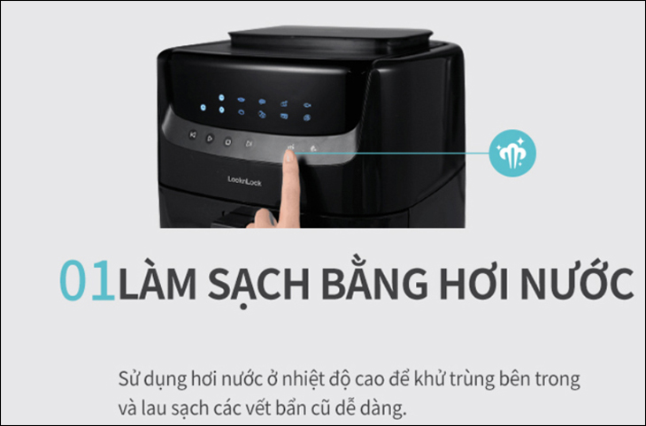 Nồi chiên không dầu Lock&Lock được trang bị chức năng tự động làm sạch bằng hơi nước, giúp tiết kiệm thời gian vệ sinh sau khi sử dụng