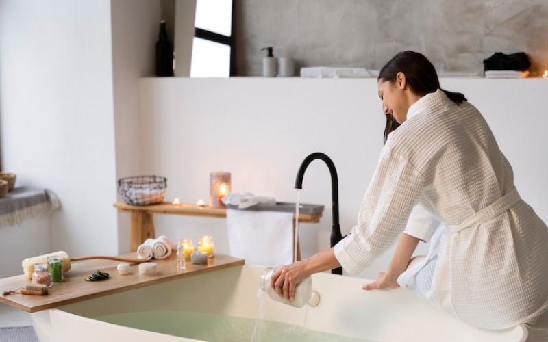 Đậy kín lỗ thoát nước và đổ nước vào bồn tắm