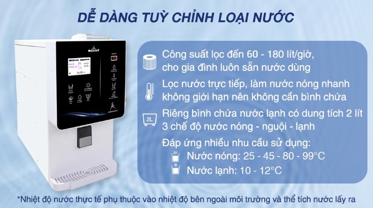 Máy được tích hợp 3 chế độ nước nóng - nguội - lạnh đáp ứng nhiều nhu cầu sử dụng