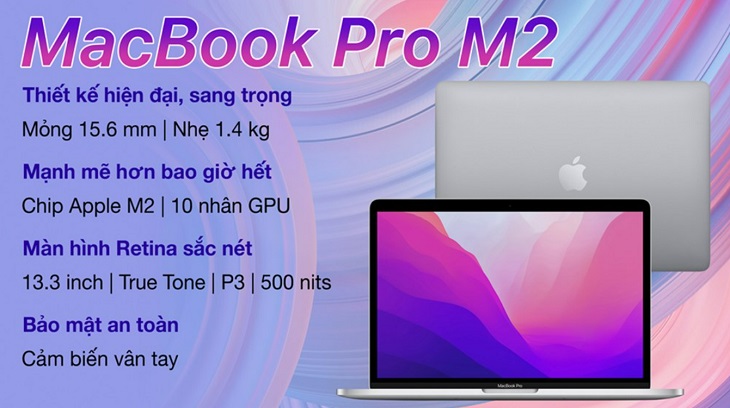 Laptop Apple MacBook Pro M2 2022 (MNEH3SA/A) sử dụng card đồ họa tích hợp có kiểu dáng máy mỏng nhẹ, thời trang