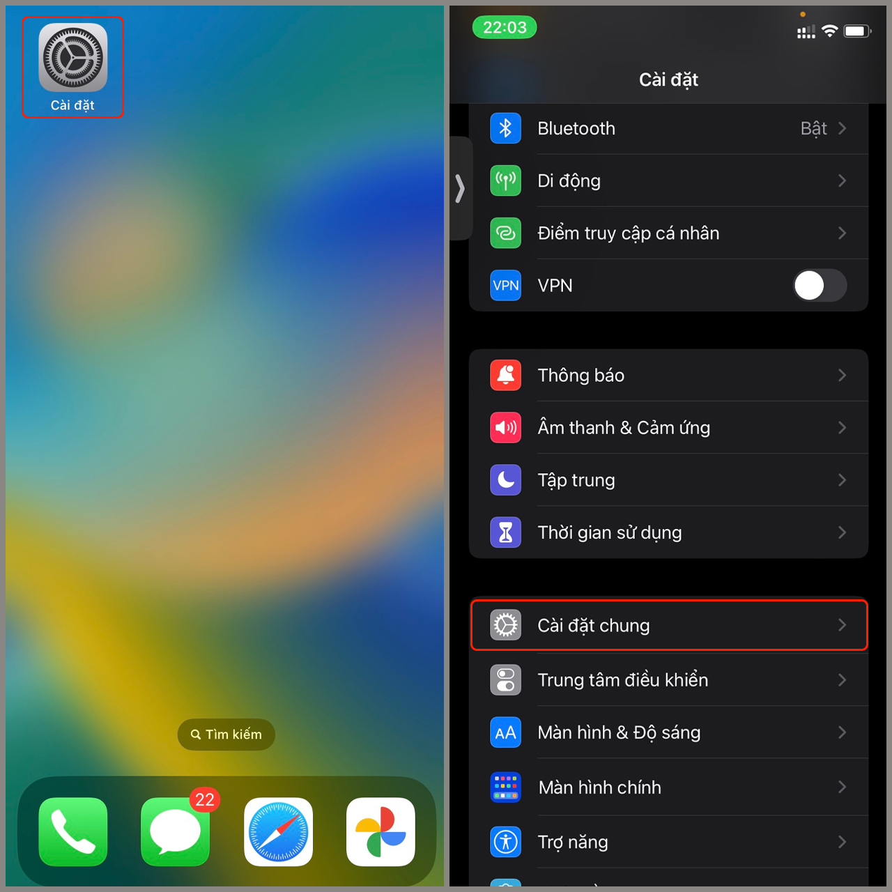 Mở C&agrave;i đặt rồi chọn C&agrave;i đặt chung để tắt nguồn iPhone 14