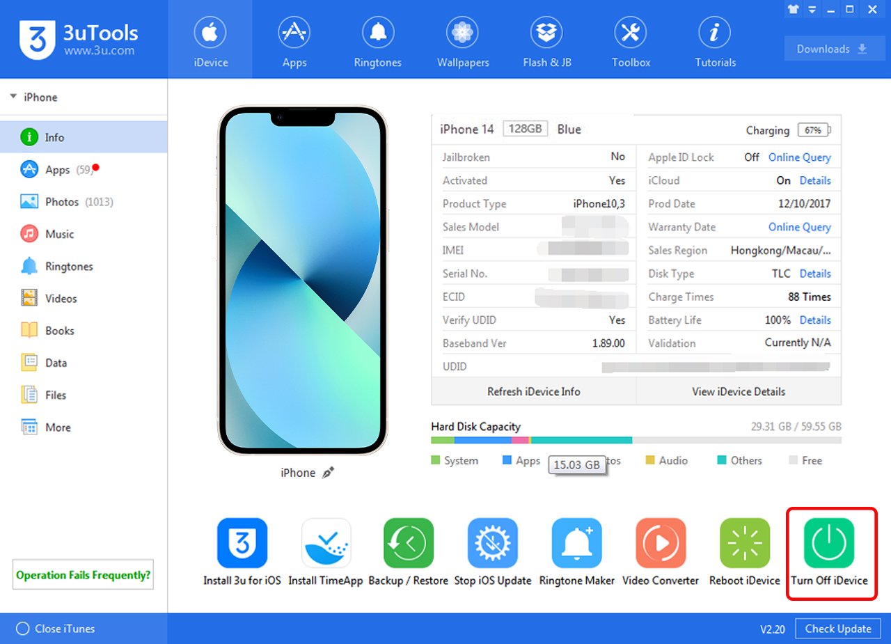 Chọn Turn off iDevice trong 3uTools để tắt nguồn iPhone 14
