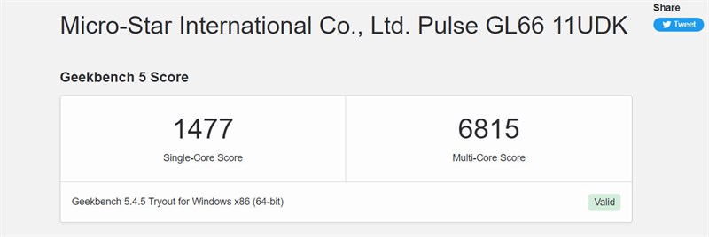 Điểm GeekBench 5 trên MSI Gaming Pulse GL66 11UDK. Điểm GeekBench 5 trên MSI Gaming Pulse GL66 11UDK.
