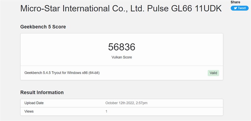 Điểm GeekBench 5 trên MSI Gaming Pulse GL66 11UDK. Điểm GeekBench 5 trên MSI Gaming Pulse GL66 11UDK.