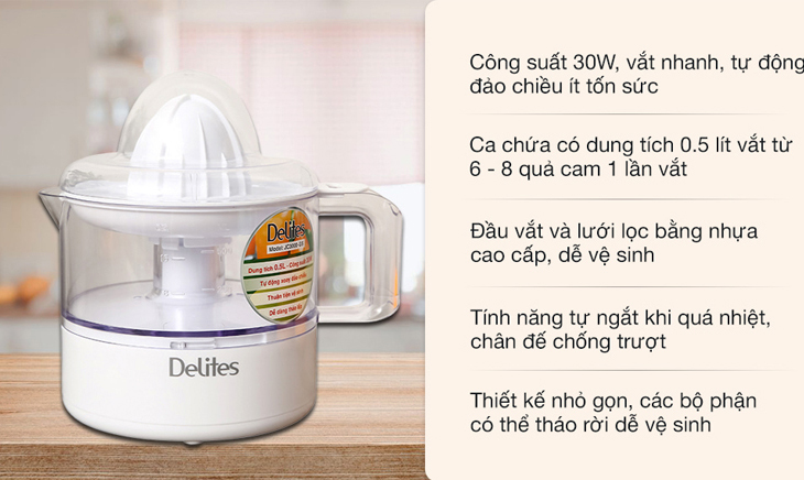 Máy vắt cam Delites sở hữu động cơ mạnh mẽ giúp cho ra 1 ly nước ép nhanh chóng