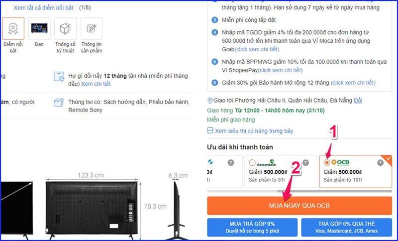 Thanh toán OCB giảm 500k cho sản phẩm từ 10 triệu trở lên