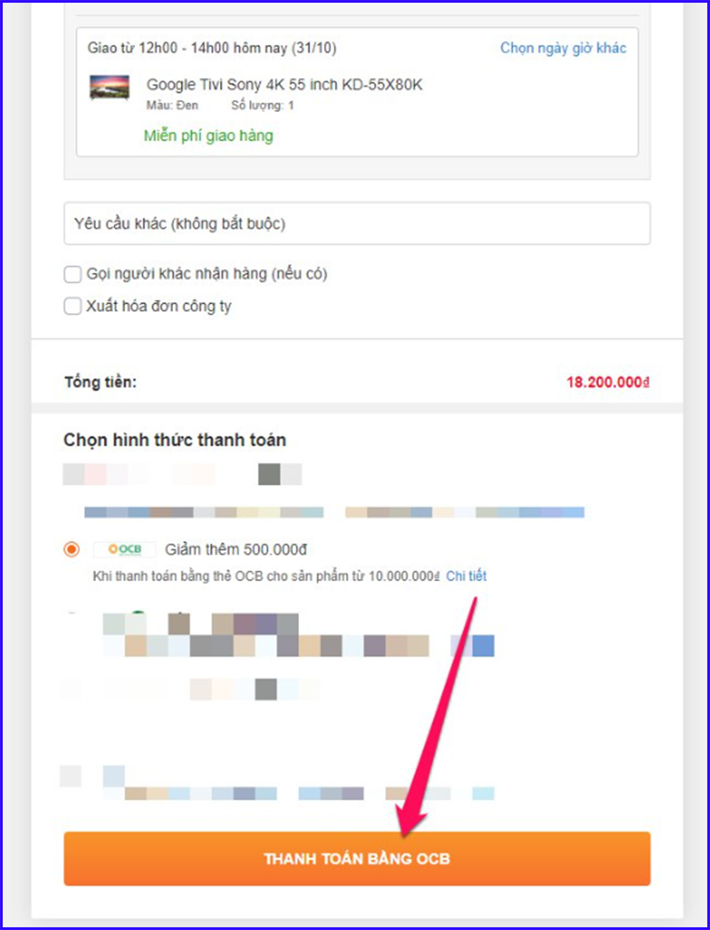 Thanh toán OCB giảm 500k cho sản phẩm từ 10 triệu trở lên