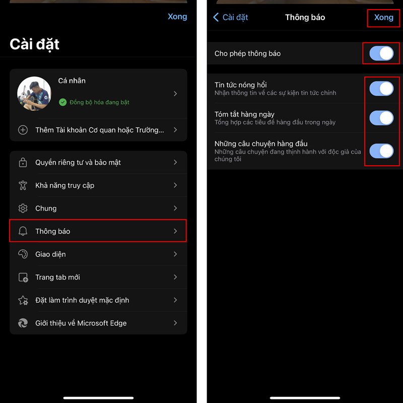 Cách tùy chỉnh thông báo theo sở thích trên Edge iOS