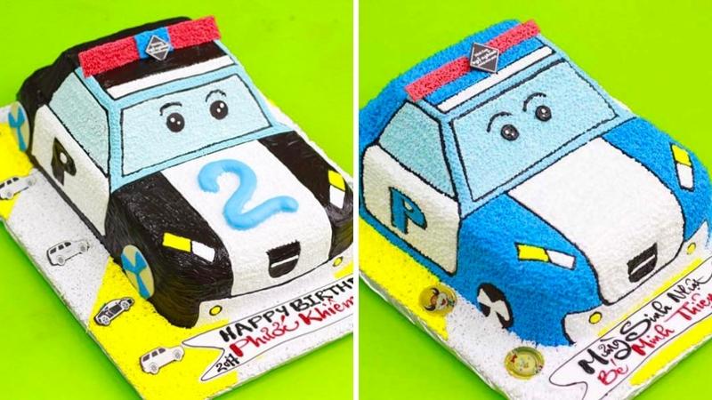 Bánh sinh nhật ô tô cảnh sát màu xanh