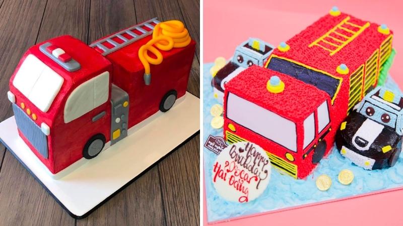 Bánh sinh nhật ô tô cứu hỏa đơn giản