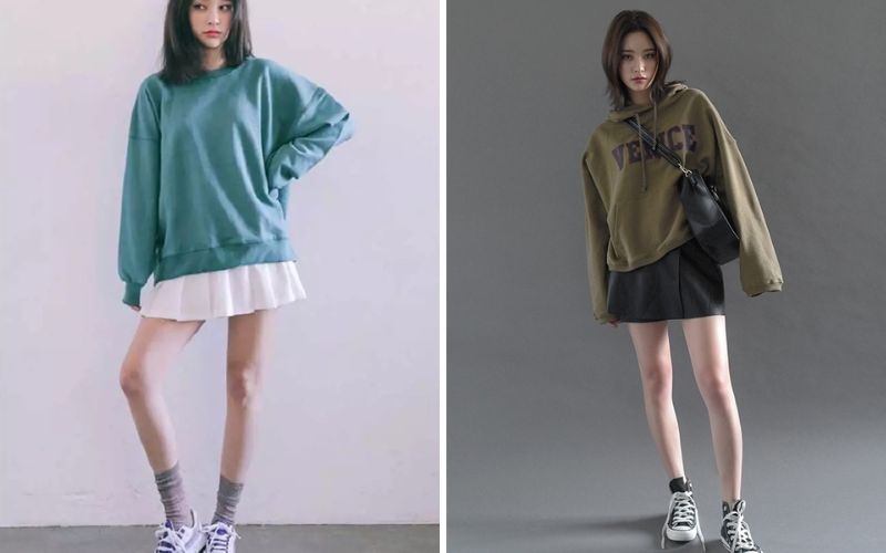 Áo hoodie/sweater + chân váy ngắn