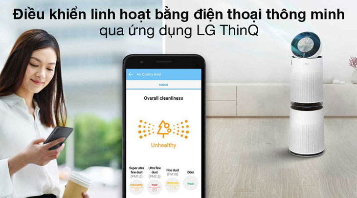 Máy lọc không khí 2 tầng LG PuriCare AS10GDWH0.ABAE 70W có thể kết nối với ứng dụng LG ThinQ giúp bạn tùy chỉnh các chức năng dễ dàng Máy lọc không khí 2 tầng LG PuriCare AS10GDWH0.ABAE 70W có thể kết nối với ứng dụng LG ThinQ giúp bạn tùy chỉnh các chức năng dễ dàng