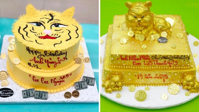 Bánh sinh nhật con hổ 2 tầng màu vàng