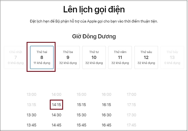 Chọn thời gian mà bạn muốn liên lạc