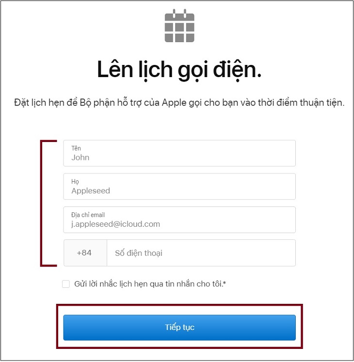 Điền thông tin rồi nhấn Tiếp tục
