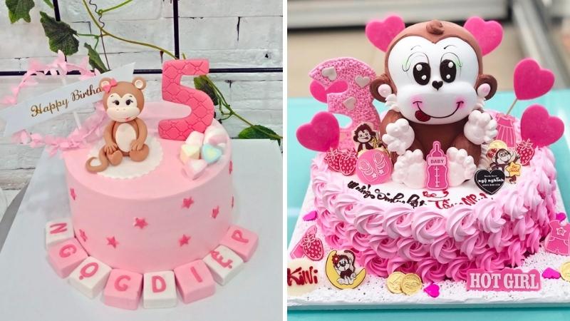 Bánh sinh nhật con khỉ 3D màu hồng