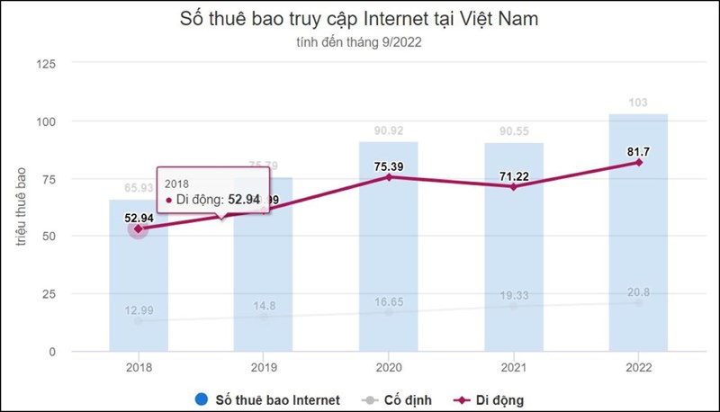 Biểu đồ thống kê số thuê bao Internet di động tại Việt Nam