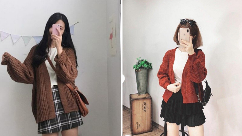 Chân váy ngắn phối với áo cardigan