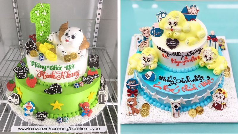 Bánh sinh nhật con chó 2 tầng nhiều màu sắc