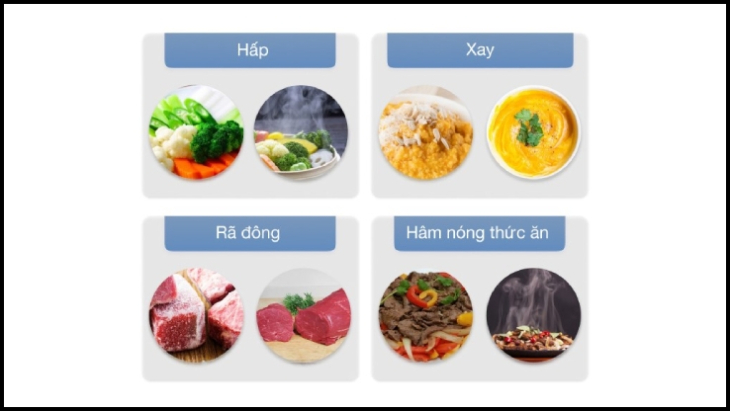 người dùng có thể sử dụng để hấp, xay, rã đông và hâm nóng thực phẩm, giúp tiết kiệm được thời gian, dụng cụ nấu nướng
