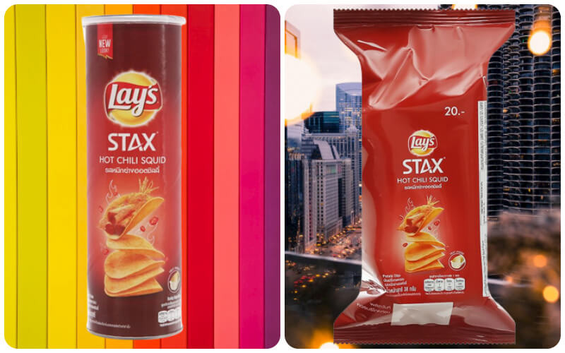 Lay's Stax Thái vị mực cay có bao bì màu sắc tươi tắn với màu đỏ hồng