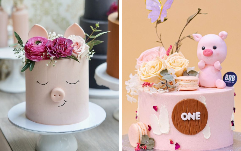 Pig birthday cake with fresh flowers for girls