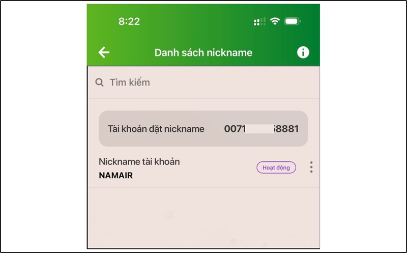 Giao diện đặt nickname cho số tài khoản ngân hàng bằng ứng dụng trên điên thoại Giao diện đặt nickname cho số tài khoản ngân hàng bằng ứng dụng trên điên thoại