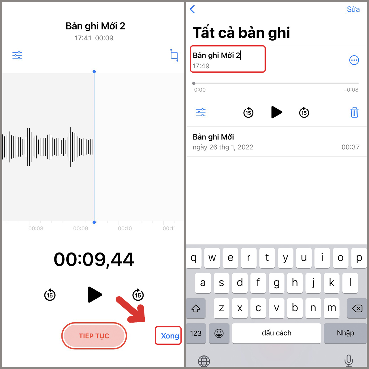 Nhấn Xong để lưu bản ghi &acirc;m v&agrave; đổi t&ecirc;n file tr&ecirc;n iPhone