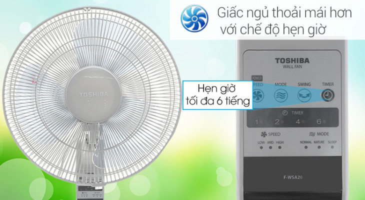 Quạt treo tường Toshiba sở hữu chức năng hẹn giờ tiện lợi, giúp bạn chủ động hơn về thời gian sử dụng quạt