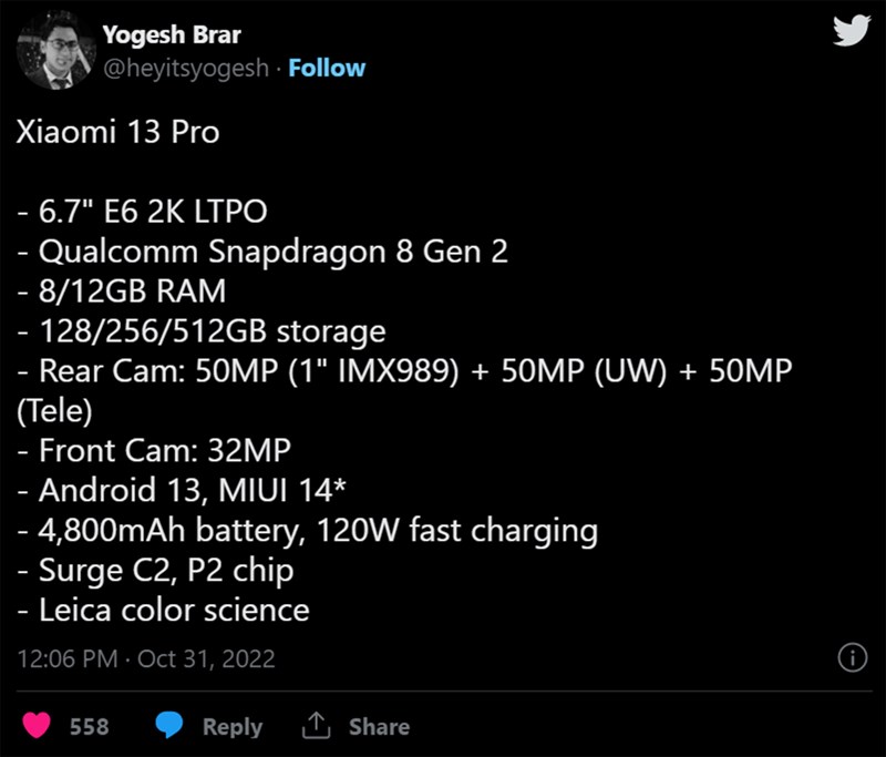 Rò rỉ mới về cấu hình của Xiaomi 13 Pro Rò rỉ mới về cấu hình của Xiaomi 13 Pro