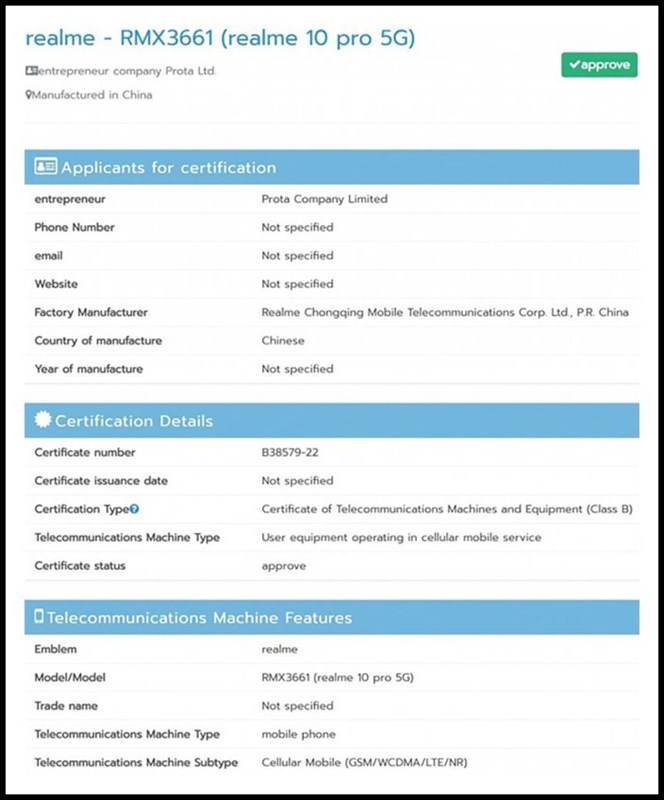 Thông tin chính thức về chiếc điện thoại realme 10 đã được xác nhận bởi NBTC