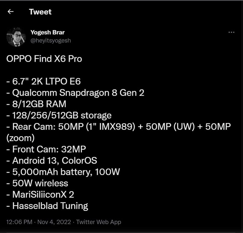 Bài đăng tiết lộ thông số kỹ thuật của OPPO Find X6 Pro của Brar