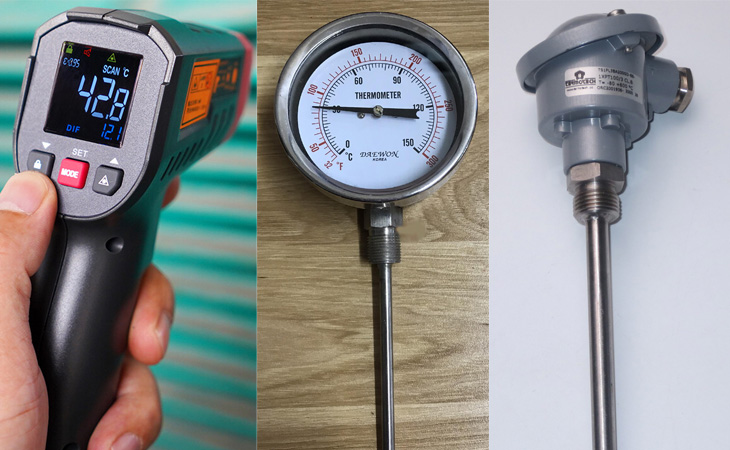 Từ trái sang phải lần lượt là súng đo nhiệt độ công nghiệp, đồng hồ đo nhiệt độ công nghiệp và cảm biến nhiệt độ công nghiệp