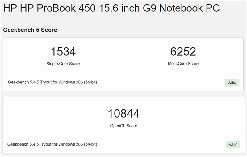 Điểm GeekBench 5 trên HP Probook 450 G9.