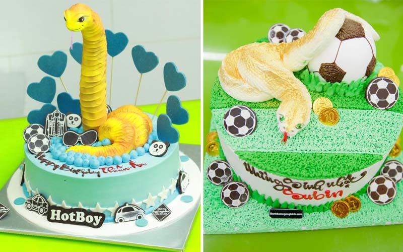 Adorable 3D snake birthday cake