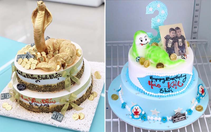 Impressive 2-tier snake birthday cake