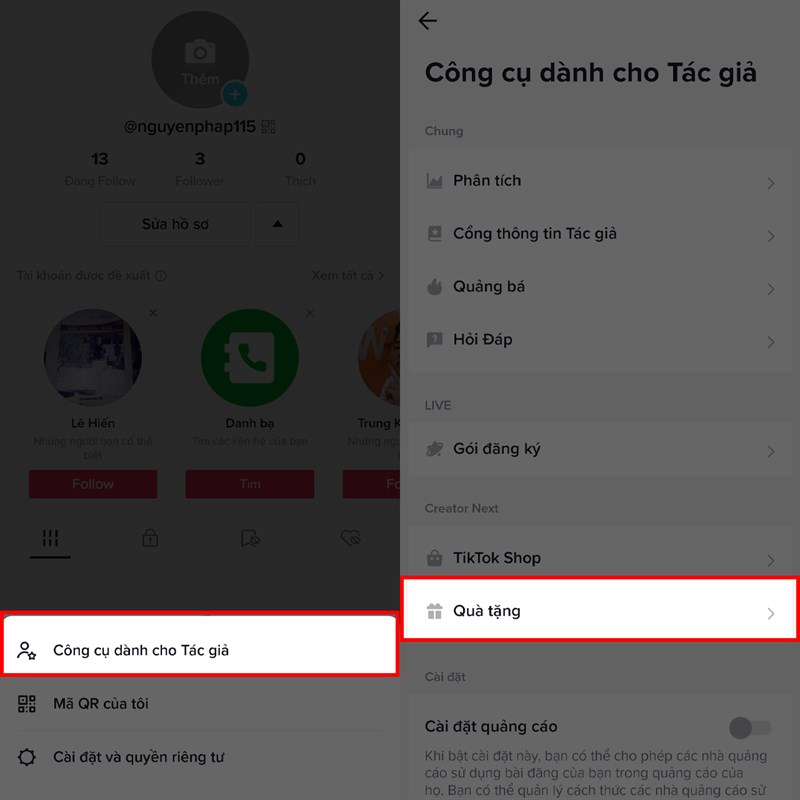 Cách bật chế độ quà tặng trên TikTok