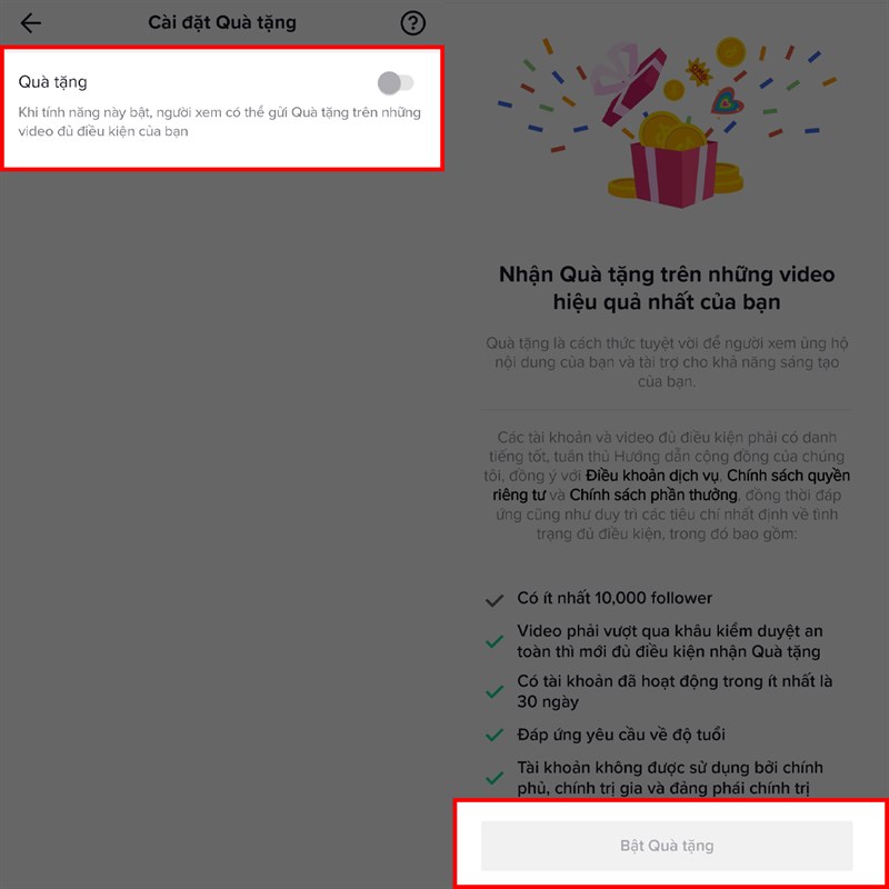 Cách bật chế độ quà tặng trên TikTok
