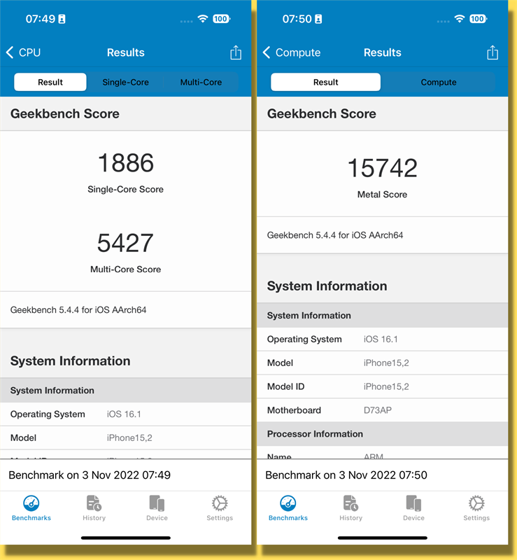 Điểm GeekBench 5 đơn nhân/đa nhân (bên trái) và GPU Compute (bên phải) của iPhone 14 Pro.