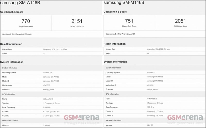 Thông số trên trang Geekbench của Galaxy M14 5G và Galaxy A14 5G