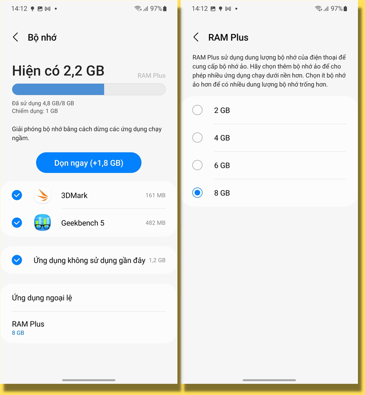 Tính năng RAM Plus trên Galaxy S22.