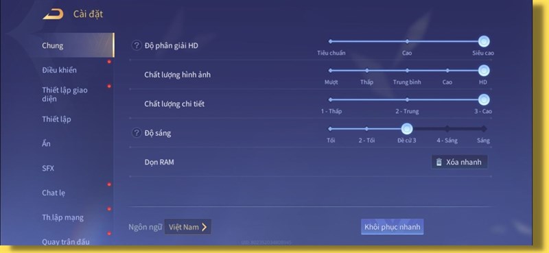 Thiết lập đồ họa trong Liên Quân Mobile mà mình chỉnh để test pin Galaxy S22.