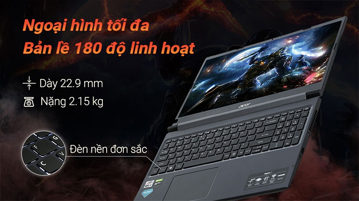 Acer Aspire 7 có thiết kế khá mỏng, nhẹ chỉ 1,5kg