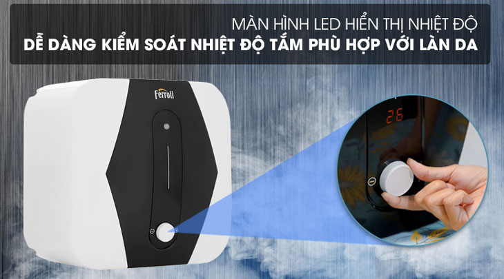 Máy nước nóng gián tiếp Ferroli MIDO SQ được trang bị màn hình LED hiển thị rõ nét giúp bạn theo dõi nhiệt độ dễ dàng