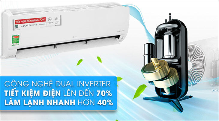 Máy lạnh LG Inverter 2 HP V18API1 được trang bị công nghệ Dual Inverter tiết kiệm điện